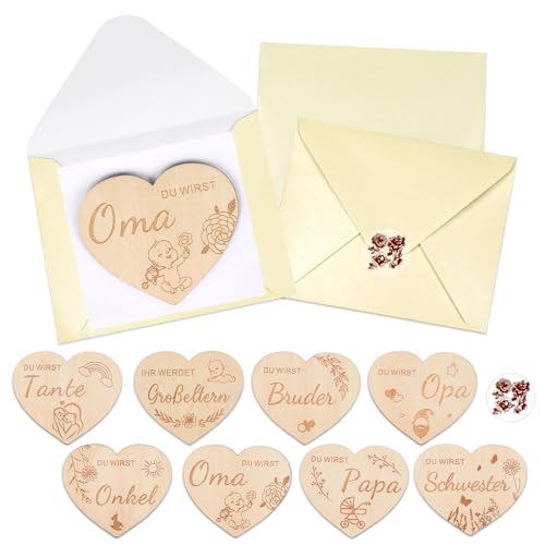 HOWAF Schwangerschaft Verkünden Ideen mit 8 Holz Herzen, Schwangerschaftsverkündung Schwangerschaft Baby Verkündung | Du Wirst Opa/Oma/Du Wirst Papa/Tante/Onkel/Bruder/Schwester| Envelopes Stickers von HOWAF