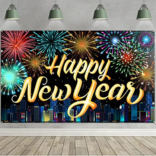 HOWAF Silvester Deko 2025 Neujahrs Banner, Extra Große Happy New Year Banner Silvester Stoff Foto Hintergrund Banner für Drinnen Draußen Neujahr Deko 2025 Silvesterparty Silvesterdekoration, 185x110cm von HOWAF
