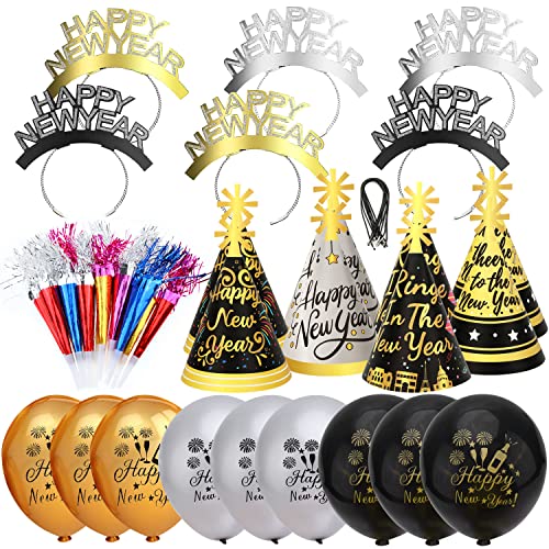 HOWAF Silvester Deko 2024 Party Set, 43pcs Happy New Year Haarreif Silvester Kopfschmuck Partyhüte Silvester Accessories Fotorequisiten Tröten und Luftballons für Kinder Erwachsene Neujahr Partydeko von HOWAF