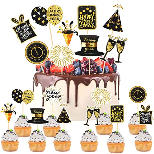 HOWAF Silvester Deko 2024 Tortendeko Silvester Cupcake Topper Neujahr Cake Topper Frohes Neues Jahr Cupcake Topper Muffin Kuchen Deko für Silvesterparty Silvesterdekoration Neujahr Deko 2024, 20 Stück von HOWAF