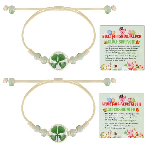 HOWAF Silvester Glücksbringer Kleeblatt Armband für Damen, Mädchen, Mit Neujahrskarten, Neujahrsglücksbringer Glücksarmband, Mitbringsel, Viel Glück Kleine Neujahr Geschenk, Grun von HOWAF