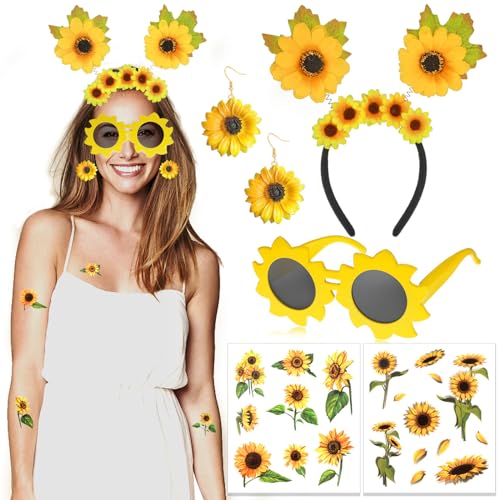HOWAF Sonnenblumen Kostüm, Sonnenblume Haarschmuck Stirnband Sonnenblumen Haarschmuck Haarreif Sonnenblumen Sonnenbrille Sonnenblume Sonnenbrille Tattoos für Fasching Karneval Sonnenblume Kostüm von HOWAF