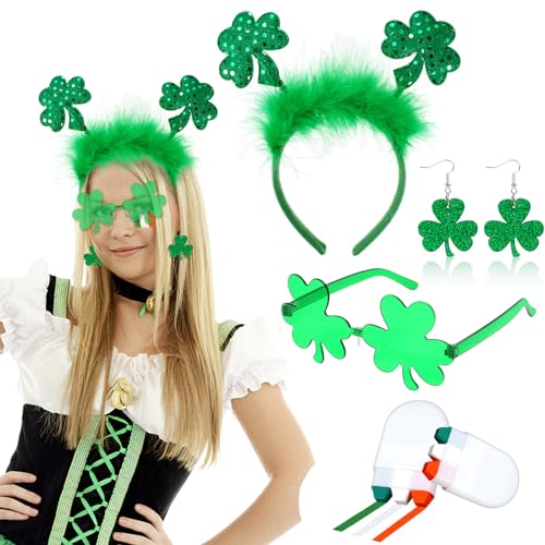 HOWAF St. Patrick's Day Accessoires: Kleeblatt Haarreif + Brille + Ohrringe + Irland Flagge Schminke, St. Patrick's Day Kostüm für Unisex-Erwachsene und Kinder in Grün von HOWAF