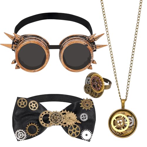 HOWAF Steampunk Kostüm Herren, Brille, Fliege, Halskette, Ring, Zahnräder, Punk Accessoires für Halloween, Karneval, Fasching von HOWAF