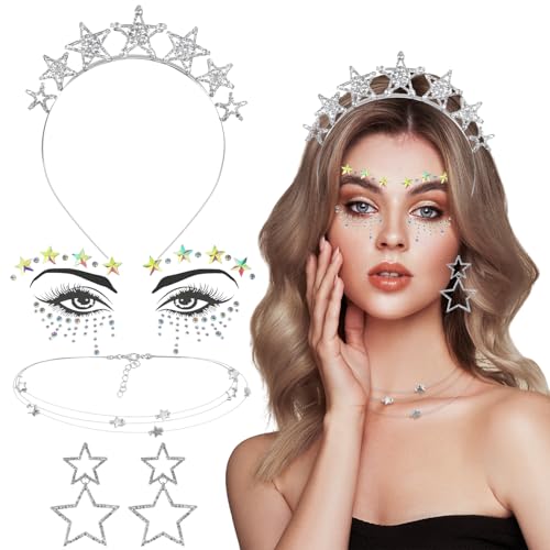 HOWAF Stern Kostüm, Stern Haarreif Sterne Silber Strass Haarband, Stern Ohrringe, Halskette, Gesichtstattoo Karneval für Sternen Kostüm Damen, Halloween Kostüm, Fasching Kostüm, Karneval Kostüm HOWAF Stern Kostüm, Stern Haarreif Sterne Silber Strass Haarband, Stern Ohrringe, Halskette, Gesichtstattoo Karneval für Sternen Kostüm Damen, Halloween Kostüm, Fasching Kostüm, Karneval Kostüm von HOWAF