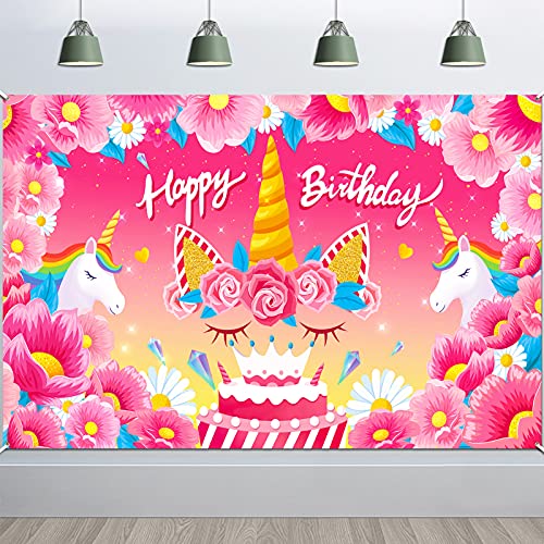 HOWAF Stoff Happy Birthday Banner für Einhorn Geburtstag Dekorationen, Kinder Mädchen Einhorn Thema Geburtstagsparty Hintergrund Deko Wand Fotografie Kindergeburtstag, 6 x 3,6 Fuß von HOWAF