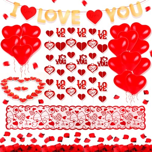HOWAF Valentinstag Deko: Rote Herzluftballons, Banner, Girlande, Tischläufer, Kerzen & Rosenblätter für Romantische Deko & Feierlichkeiten von HOWAF