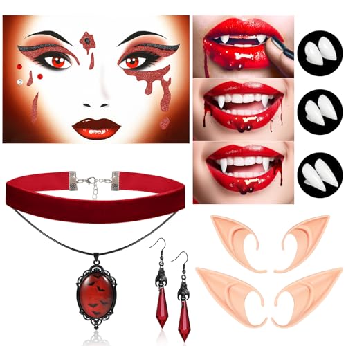 HOWAF Vampir Kostüm Damen Mädchen, Halloween Vampir Zähne Vampirzähne mit Kleber, Elfenohren, Halloween Tattoo Gesicht, Choker Gothic Halskette Ohrringe für Halloween Kostüm, Fasching Karneval Kostüm HOWAF Vampir Kostüm Damen Mädchen, Halloween Vampir Zähne Vampirzähne mit Kleber, Elfenohren, Halloween Tattoo Gesicht, Choker Gothic Halskette Ohrringe für Halloween Kostüm, Fasching Karneval Kostüm von HOWAF