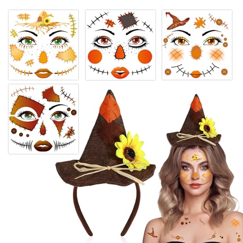 HOWAF Vogelscheuche Hut Haarreif & Halloween Tattoo Gesicht für Scarecrow Vogelscheuche Kostüm, Halloween Karneval Fasching Kostüm Damen Herren von HOWAF