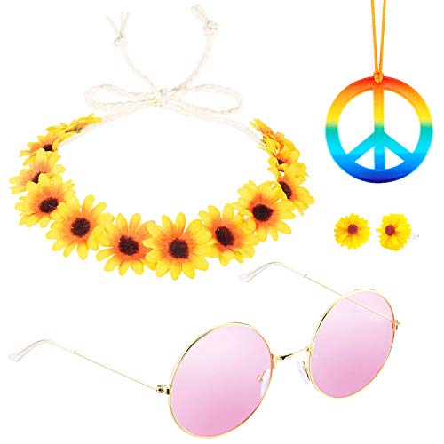 Konsait 4er Hippie Kostüm Set, 60s 70s Hippie Ankleiden Zubehör Set, Hippie Sonnenbrille, Blume Haarband, Frieden Zeichen Halskette und Peace Ohrringe von HOWAF