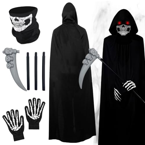 HOXSNII Halloween Kostüm für Kinder, 4PCS Vampir Kapuze Umhang Set mit Umhang Maske Handschuhe Requisiten Kapuzenumhangs Cape Halloween Karneval Fasching Partys Maskerade Kostüme (120CM) von HOXSNII