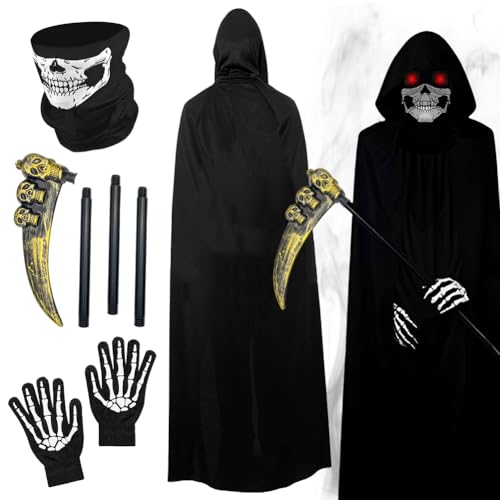 HOXSNII Halloween Kostüm für Kinder, 4PCS Vampir Kapuze Umhang Set mit Umhang Maske Handschuhe Requisiten Kapuzenumhangs Cape Karneval Halloween Fasching Partys Maskerade Kostüme (120CM) von HOXSNII