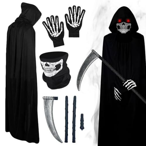 HOXSNII Halloween Umhang für Kinder, 4PCS Gruselig Kapuze Kostüm mit Umhang Maske Handschuhe Requisiten Vampir Umhangs Halloween Karneval Fasching Maskerade Partys Kostüme (90CM) von HOXSNII
