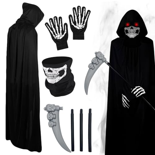 HOXSNII Halloween Umhang für Kinder, 4PCS Gruselig Kapuze Kostüm mit Umhang Maske Handschuhe Requisiten Vampir Umhangs Halloween Karneval Fasching Partys Maskerade Kostüme (90CM) von HOXSNII