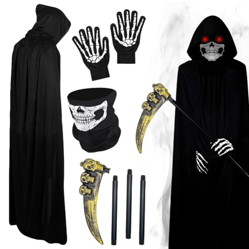HOXSNII Halloween Umhang für Kinder, 4PCS Gruselig Kapuze Kostüm mit Umhang Maske Handschuhe Requisiten Vampir Umhangs Karneval Halloween Fasching Partys Maskerade Kostüme (90CM) von HOXSNII