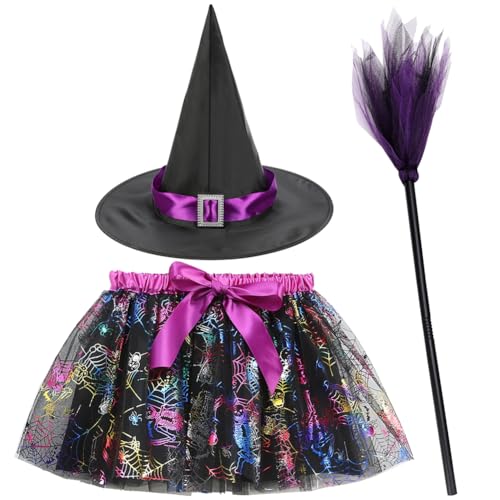 HOXSNII Hexenkostüm Mädchen, Halloween Kostüm Kinder Hexenkleid mit Tüllrock Hexenhut und Zauberstab Tutu Hexenkostüm Halloween Karneval Party Bekleidung für Halloween Karneval Party Maskerade von HOXSNII
