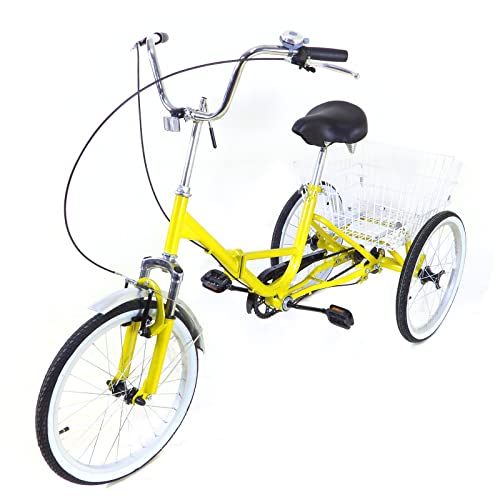 20 Zoll Dreirad Erwachsene, Dreirad Falten, Trike Tricycle for Adults, Ergonomie Verstellbarer Sattel und Lenker Großer Transportkorb (Gelb) von HPDTZ
