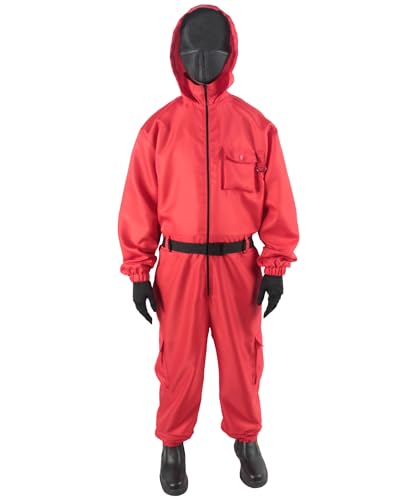 Erwachsene Unisex K-Drama Survival Game TV Show Soldat Cosplay Kostüm Bundle, roter Overall Gesichtsschutz Gürtel Handschuhe, weiche Polyesterfasern (groß) von HPO