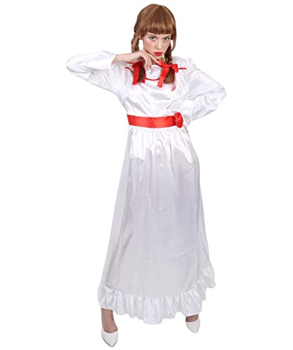 HPO Cosplay Kostüm für Erwachsene, Damen, böse Puppe, langes Maxikleid in Satin-Haptik, Weiß, Größe M, Weiss/opulenter Garten, M von HPO