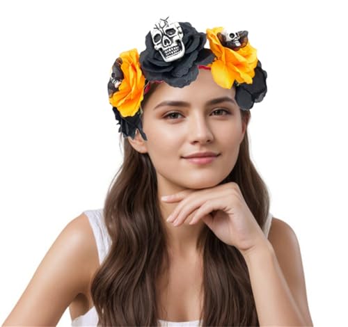 Halloween Damen Haarreif mit LED Kopfschmuck Rose Totenkopf Haarschmuck Beleuchtet Stirnband mit Spinne Kopfband Mexikanisch Gothic Haarkranz Halloween Hexe Haarspange für Cosplay Fasching Gelb Halloween Damen Haarreif mit LED Kopfschmuck Rose Totenkopf Haarschmuck Beleuchtet Stirnband mit Spinne Kopfband Mexikanisch Gothic Haarkranz Halloween Hexe Haarspange für Cosplay Fasching Gelb von HPONEZJ