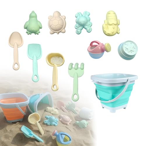 HPiano 11 Stück Sandspielzeug Set für Kinder, Strand und Sandkasten Mit Schaufel, Faltbarem Eimer und Sandformen, Blau von HPiano