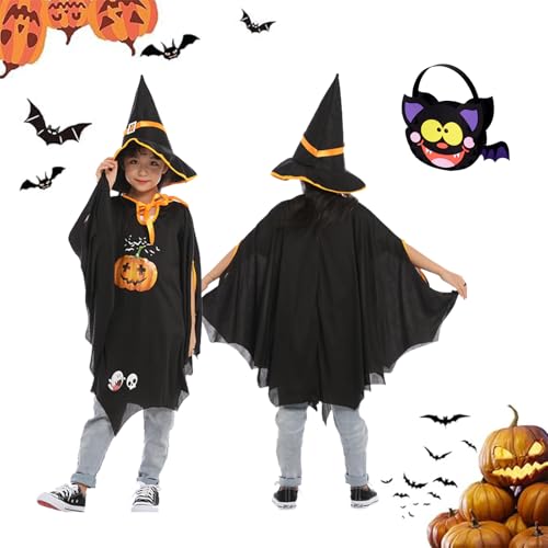 HPiano Kinderkostüm Fledermaus Mit Kürbis Tasche, Umhang Mit Hut, Halloween Kostüm für Kinder Mädchen Jungen Mit Halloween Tüten, Karneval, Cosplay Party HPiano Kinderkostüm Fledermaus Mit Kürbis Tasche, Umhang Mit Hut, Halloween Kostüm für Kinder Mädchen Jungen Mit Halloween Tüten, Karneval, Cosplay Party von HPiano
