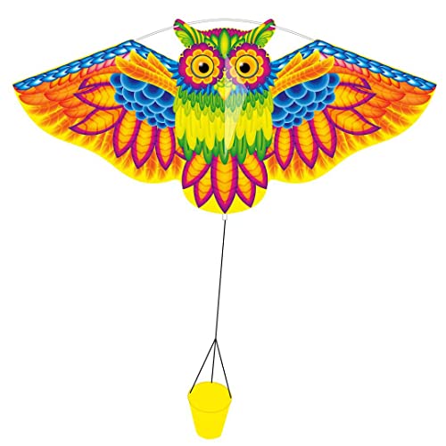 Ecoline 102197 - Flashy Owl Kite, Kinderdrachen Einleiner, ab 5 Jahren, 113x50cm, inkl. 17kp Polyesterschnur 25m auf Griff, 1.5-4 Beaufort von HQ HIGH QUALITY DESIGN