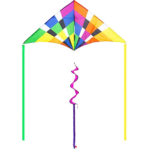 HQ Design - Delta XL ab 2m Flugdrachen Einleiner für Kinder und Erwachsene Drachen zum steigen Lassen wenig Wind ab 10 Jahre, mit oder ohne Polyesterschnur, ab 1 Bft. (Rainbow Checker 2m) von HQ HIGH QUALITY DESIGN