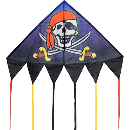HQ Design - Delta 140cm, Kinderdrachen Flugdrachen Einleiner Drachen zum steigen Lassen, wenig Wind ab 5 Jahren, inkl. 17kp Polyesterschnur 40m auf Spule, 2-5 Bft (Jolly Roger) von HQ HIGH QUALITY DESIGN