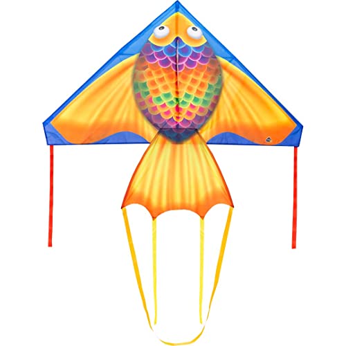 HQ Design - Delta 140cm, Kinderdrachen Flugdrachen Einleiner Drachen zum steigen Lassen, wenig Wind ab 5 Jahren, inkl. 17kp Polyesterschnur 40m auf Spule, 2-5 Bft (Rainbow Fish) von HQ HIGH QUALITY DESIGN
