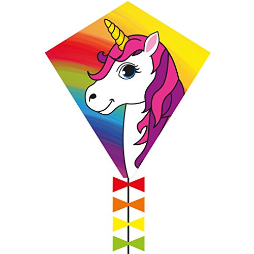 HQ Design Ecoline Eddy 50cm Kinderdrachen Flugdrachen Einleiner ab 5 Jahre, 50x45cm+2.5m Drachenschwanz inkl. 10kp Polyesterschnur 25m auf Griff, 2-5 Bft (Unicorn) von HQ HIGH QUALITY DESIGN