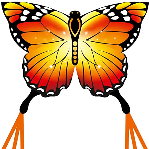HQ Ecoline Butterfly Kite Monarch Kinderdrachen Flugdrachen Einleiner Drachen steigen Lassen, wenig Wind ab 5 Jahren, 95x120cm und 1.9m Drachenschwanz, inkl. 17kp Polyesterschnur 25m auf Griff von HQ HIGH QUALITY DESIGN