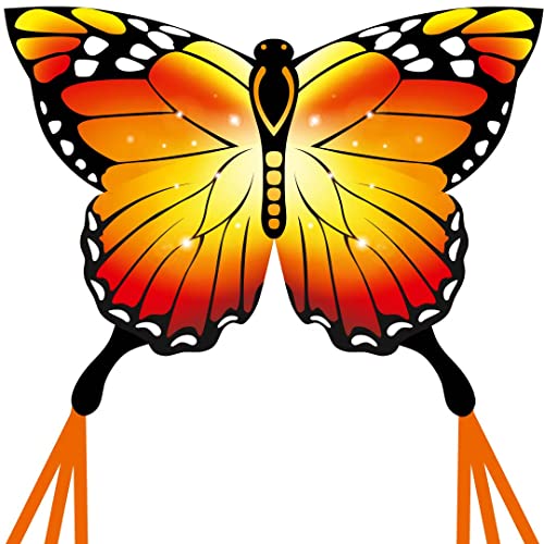 HQ Design Ecoline Butterfly Kite Monarch Kinderdrachen Flugdrachen Einleiner Drachen steigen Lassen wenig Wind ab 5 Jahre 95x120cm+1.9m Drachenschwanz inkl. 17kp Polyesterschnur 25m auf Griff 2-4 Bft von HQ HIGH QUALITY DESIGN