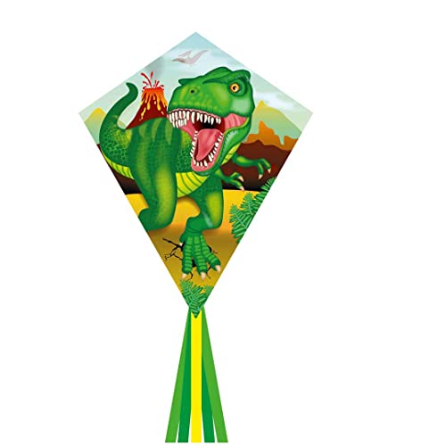 HQ Ecoline Eddy 70cm Kinderdrachen Flugdrachen Einleiner zum steigen Lassen, wenig Wind ab 5 Jahre, 58x70cm+2.5m Drachenschwanz inkl. 17kp Polyesterschnur 25m auf Griff 2-5 Bft (T-Rex) von HQ HIGH QUALITY DESIGN