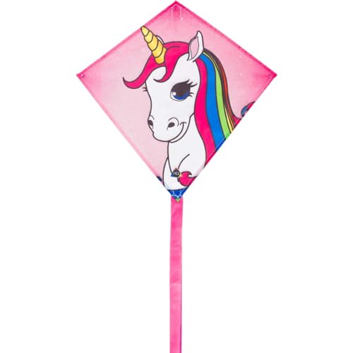 HQ Design Mini Eddy Unicorn, Kinderdrachen Drachen Flugdrachen Drachen zum steigen Lassen, wenig Wind, ab 5 Jahre, 40x40cm+Drachenschwanz inkl. 15kp Polyesterschnur 15m auf Griff, 3-6 Bft von HQ HIGH QUALITY DESIGN