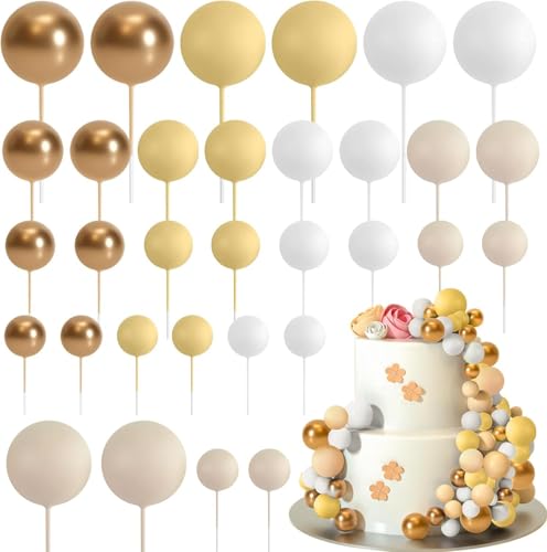 HQKJGSYX 32 Stück kugelförmige Kuchendekoration "Happy Birthday", goldfarben, weiß, gepaart mit gelben Schaumstoffkugeln, Kucheneinsatz, Topper für Babyparty, Geburtstag, Party, Jahrestag, Hochzeit von HQKJGSYX