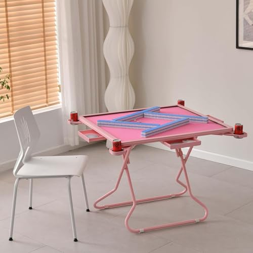 HQYMXYGEUR 34" Kartentische Klappquadrat,4 Spieler Karte Mahjong Tisch,mit filzgrüner Oberfläche,4 Getränkehalter & 4 Chip Grooves Faltbarer Spielpuzzletisch(Pink) von HQYMXYGEUR