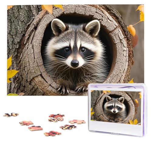 Puzzles, 1000 Teile, personalisiertes Puzzle, Waschbär im Baumloch, Fotopuzzle mit Aufbewahrungstasche, herausforderndes Bilderpuzzle für Erwachsene, Bilderpuzzle für Familie, Dekor-Puzzle, 74,9 x 50 von HQaxsfQxnr