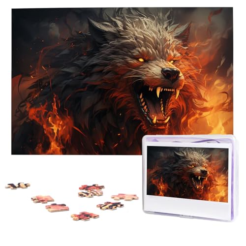 Puzzles, 1000 Teile, personalisiertes Puzzle, Wilder Wolf im Feuer, Fotopuzzle mit Aufbewahrungstasche, herausforderndes Bilderpuzzle für Erwachsene, Bilderpuzzle für Familie, Dekor-Puzzle, 74,9 x 50 von HQaxsfQxnr