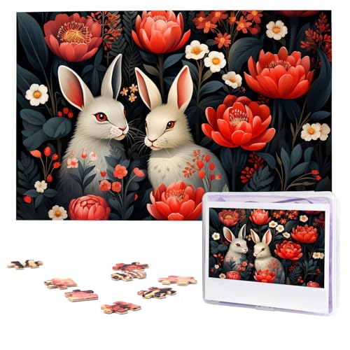 Puzzles 1000 Teile, personalisiertes Puzzle, helle Hasen und Blumen, Fotopuzzle mit Aufbewahrungstasche, herausforderndes Bilderpuzzle für Erwachsene, Bilderpuzzle für Familie, Dekor-Puzzle, 74,9 x 50 von HQaxsfQxnr