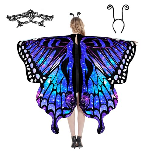 HRKVSK Schmetterling Kostüm Damen, Schmetterlingsflügel Erwachsene, Flügel Schmetterling Damen mit Karneval Gesichtsmaske und Haarreif, Kostüm Prop für Cosplay Karneval Fasching Party von HRKVSK