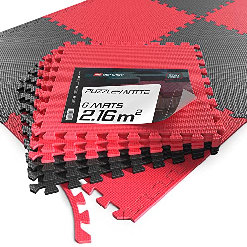 Hop-Sport Puzzlematte 6er Set - Unterlegmatte für Fitnessgeräte als Rutschfester Bodenschutz - Größe 60 x 60 x 1 cm (Schwarz/Rot) von HS HOP-SPORT