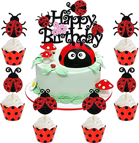 HSDSH 25 Stück Cake Topper Marienkäfer Cupcake Topper Marienkäfer Tortendeko Mädchen Marienkäfer Geburtstag Dekoration für Kinder Jungen und Mädchen Party Geburtstagsparty Dekoration Zubehör von HSDSH