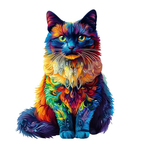 Grünäugiges farbenfrohes Katzen-Holzpuzzle - Feine Schnitzereien, die Glück und Freude bringen von HSETIY