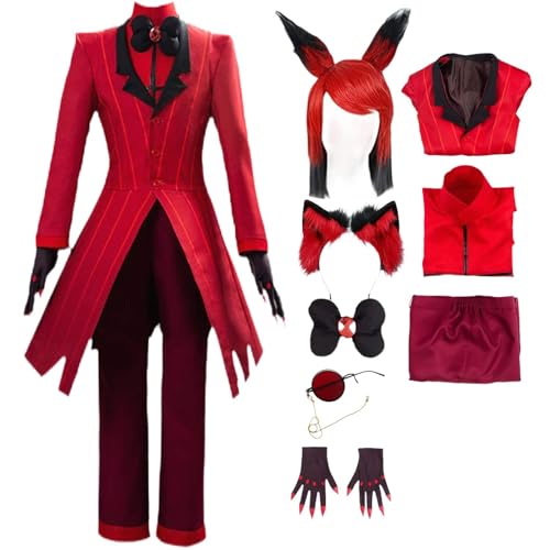 HSJZBQSM Alastor Cosplay mit Perücke Brille Rot Set Hazbin Hotel Cosplay Kostüm Halloween Komplettset (Alastor+Perücke, 2XL) von HSJZBQSM