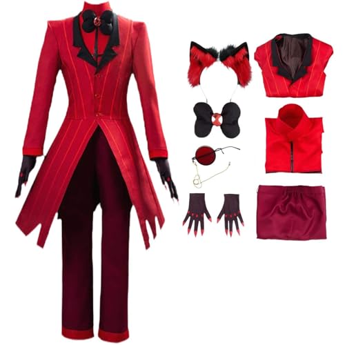 HSJZBQSM Alastor Cosplay mit Perücke Brille Rot Set Hazbin Hotel Cosplay Kostüm Halloween Komplettset (Alastor, 2XL) von HSJZBQSM