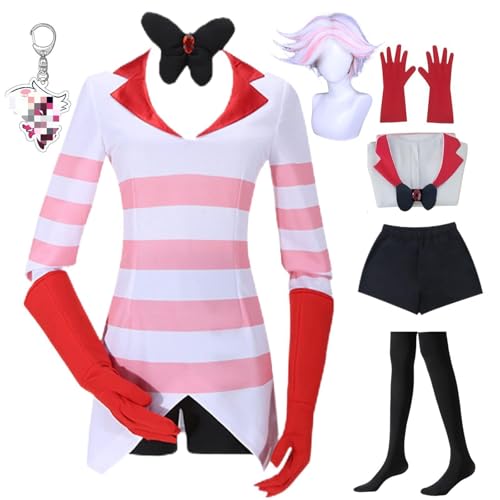 HSJZBQSM Angel Dust Cosplay Rosa Streifen Set mit Perücke und Schlüsselanhänger Hazbin Anime Hotel Angel Dust Kostüm Halloween Anzug (Angel+Perücke, L) von HSJZBQSM