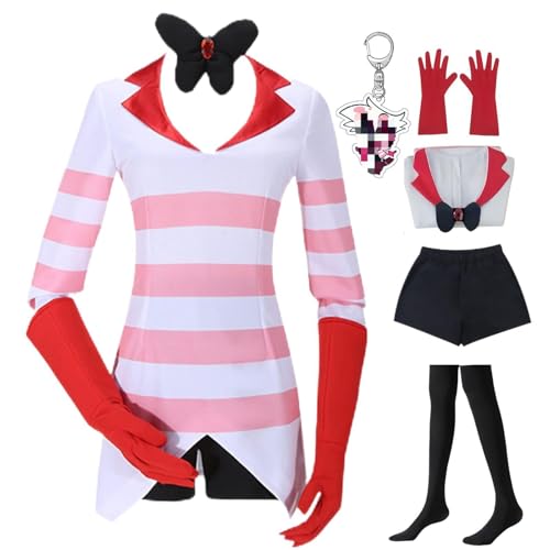 HSJZBQSM Angel Dust Cosplay Rosa Streifen Set mit Perücke und Schlüsselanhänger Hazbin Anime Hotel Angel Dust Kostüm Halloween Anzug (Angel, XXL) von HSJZBQSM