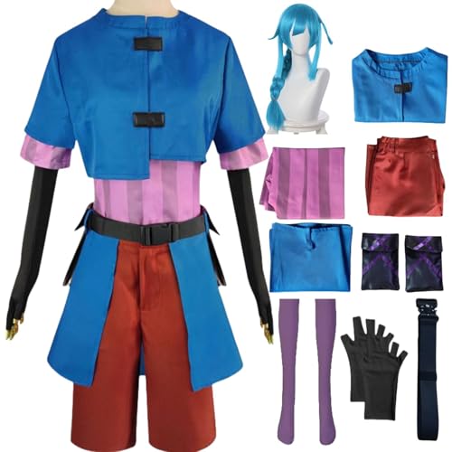 HSJZBQSM Arcanejinx Cosplay-Kostüm mit Perücke, komplettes Halloween-Set, Jinxarcane Damen-Cosplay-Kostüm (Blau+Perücke, M) von HSJZBQSM