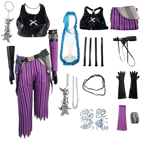 HSJZBQSM Arcanejinx Cosplay-Kostüm mit Perücke und Tattoo-Aufkleber – Komplettset – Halloween Jinxarcane Cosplay-Kostüme für Damen (A+Wig, L) von HSJZBQSM